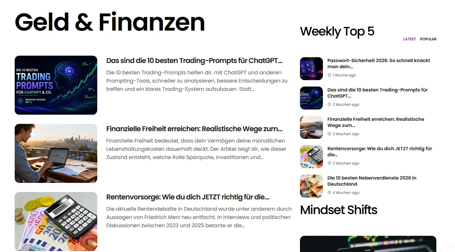moneyvibz.com – Junges Finance & Lifestyle Online-Business (Magazin + Brand + 2 Print-on-Demand Shops) – hohe Skalierbarkeit