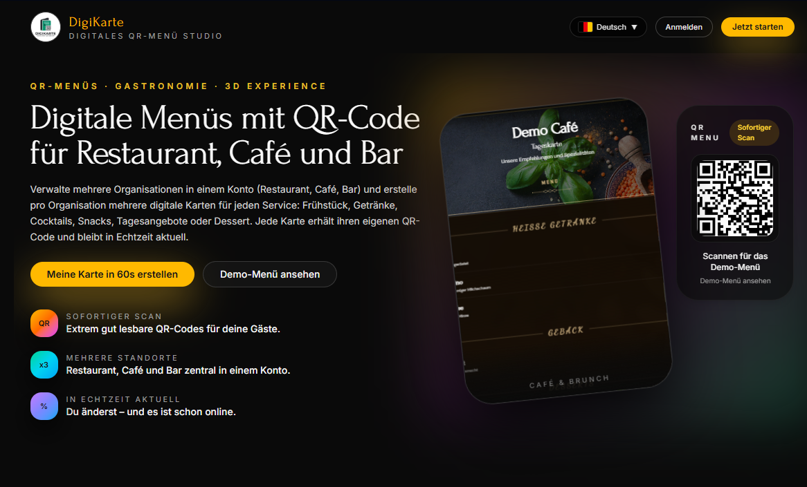 DigiKarte: Voll einsatzbereite SaaS-Plattform für digitale Speisekarten