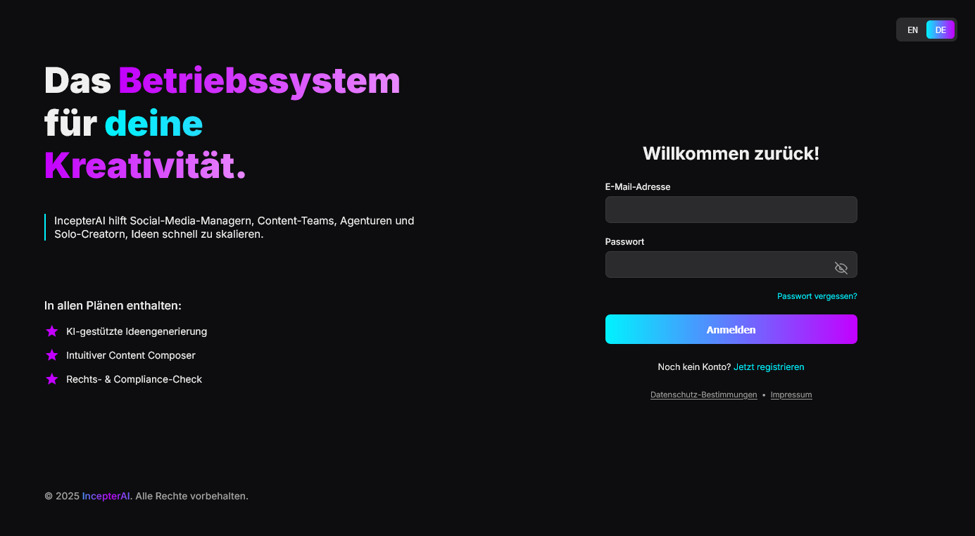  IncepterAI – Das schlüsselfertige KI-Betriebssystem für Content Creator & Agenturen